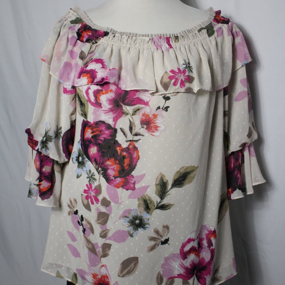 White House Black Market Pink Floral Elastic Collar Top Women's XL